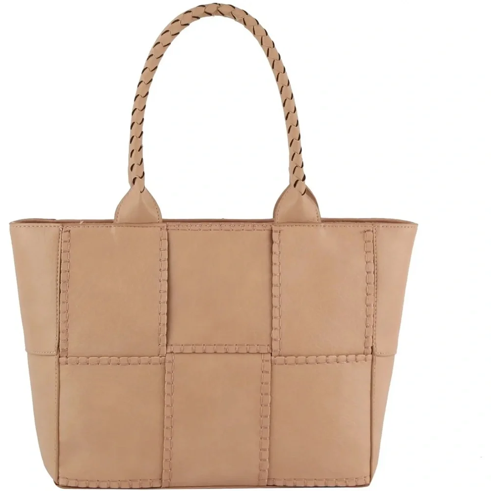 Woven Tote Vegan Leather Shoulder Handbag in Blush